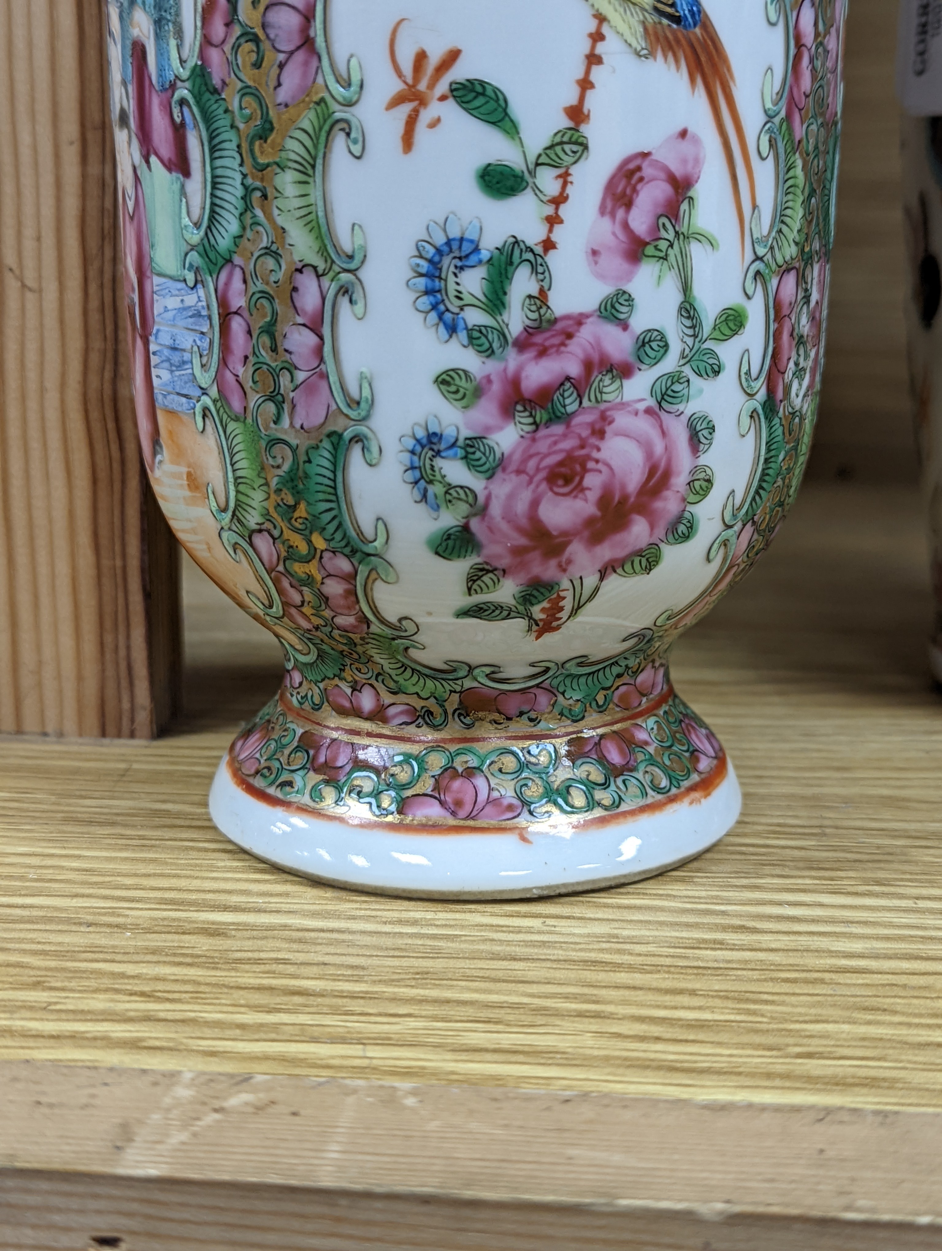 Two Chinese famille rose vases, late 19th century, tallest 26 cm, one wood stand, some restoration